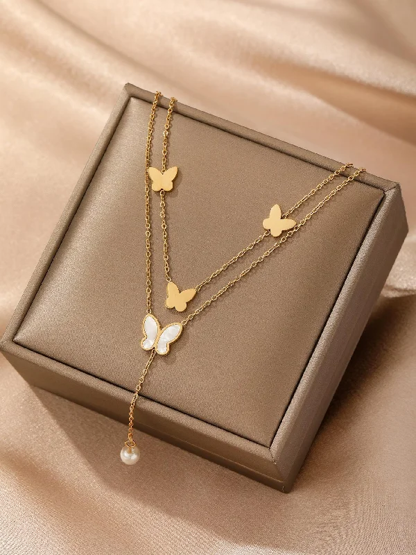 Butterfly & Faux Pearl Charm Layered Necklace