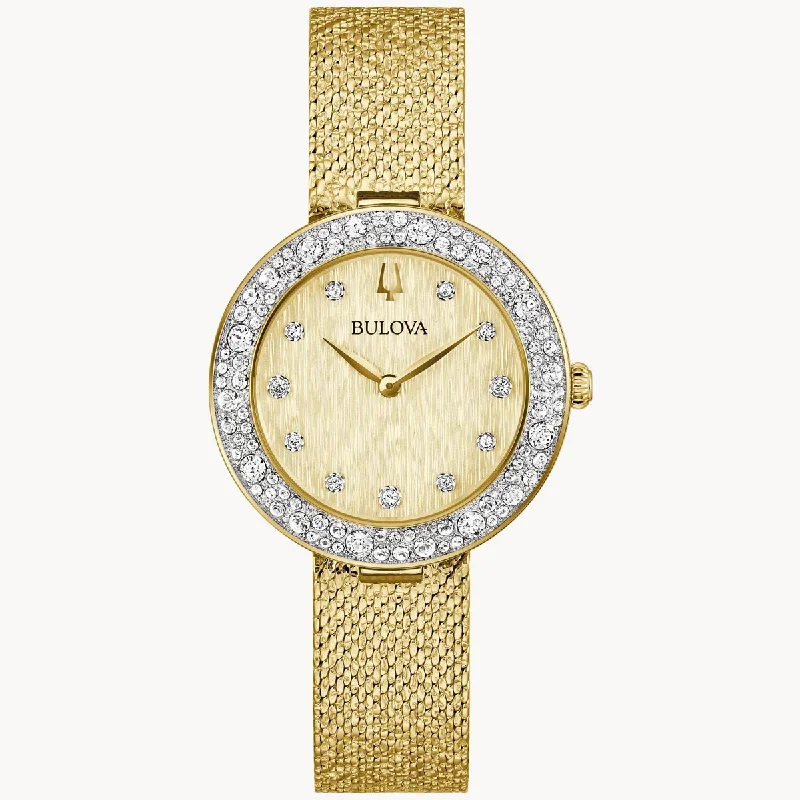 Bulova Crystal Womens Watch with Champagne Dial and Crystal Bezel with Gold Toned Stainless Steel Bracelet (quartz movement)