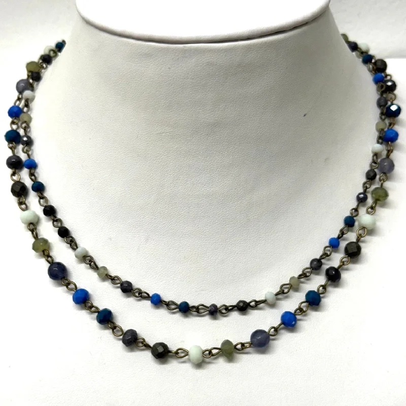 Blue And Grey Tone Wire Beaded Double Layer Necklace