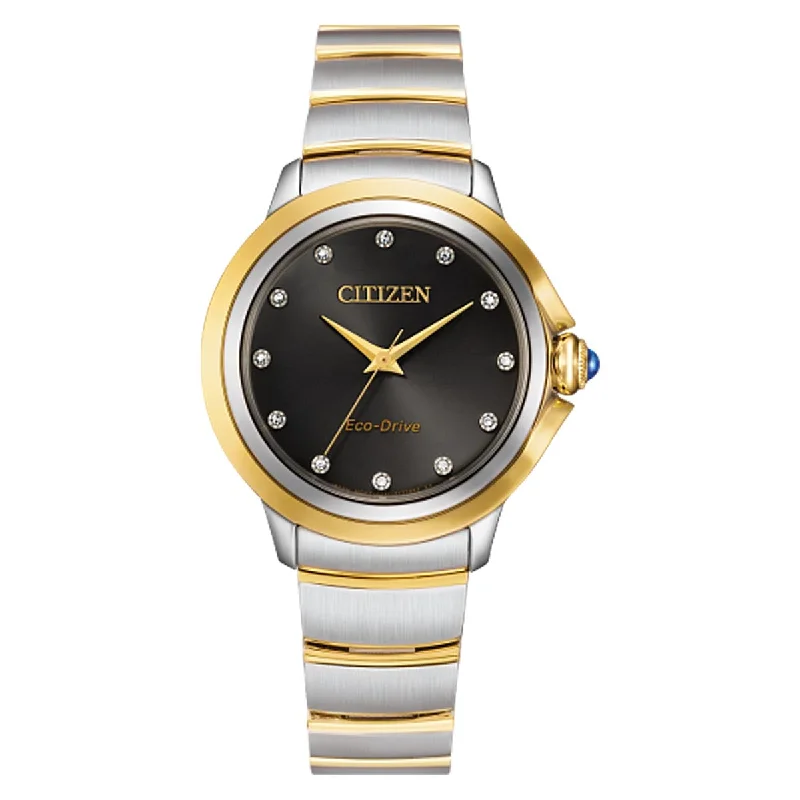 Citizen Ceci Womens Diamond Watch with Black Dial and Stainless Steel and Yellow Gold Toned Bracelet (eco drive movement)