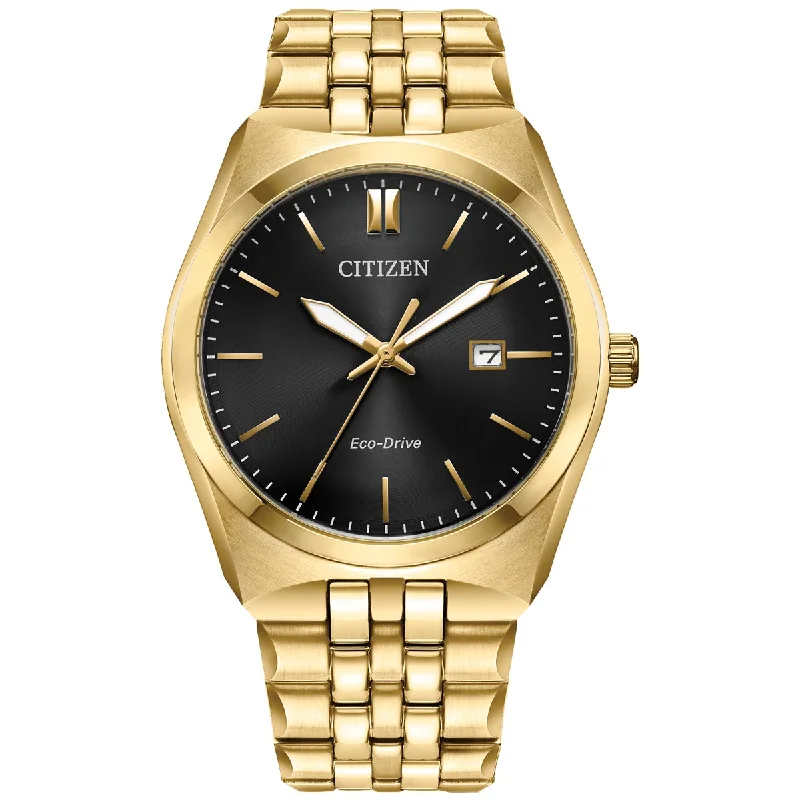 Citizen Corso Mens Watch with Black Dial and Gold Toned Stainless Steel Bracelet (eco-drive movement)