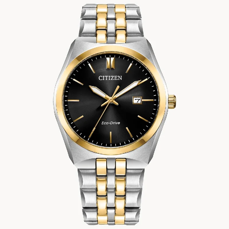 Citizen Corso Mens Watch with Black Dial and Stainless Steel and Yellow Gold Toned Bracelet (eco drive movement)