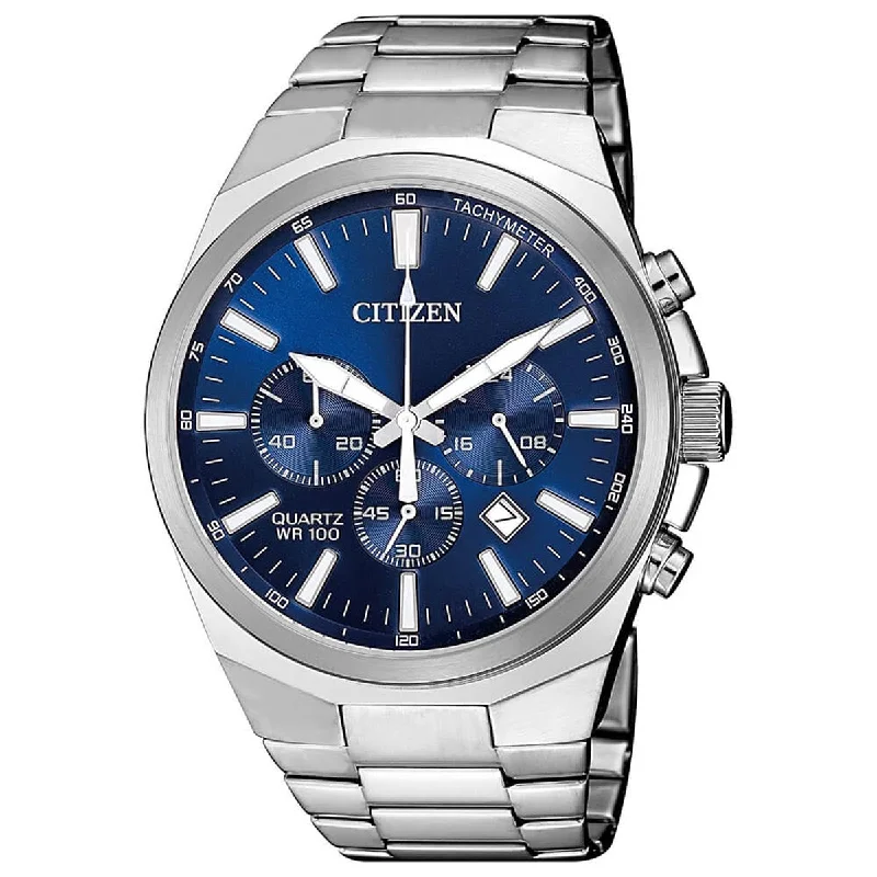 Citizen Mens Chronograph Watch with Blue Dial and Stainless Steel Bracelet (quartz movement)