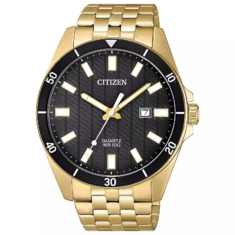 Citizen Mens Watch with Black Dial and Gold Tone Stainless Steel Bracelet (quartz movement)