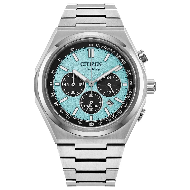 Citizen Zenshin Chrono Mens Watch with Light Blue Dial and Super Titanium™ Bracelet (eco-drive movement)