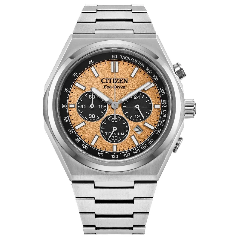 Citizen Zenshin Chrono Mens Watch with Salmon Dial and Super Titanium™ Bracelet (eco-drive movement)