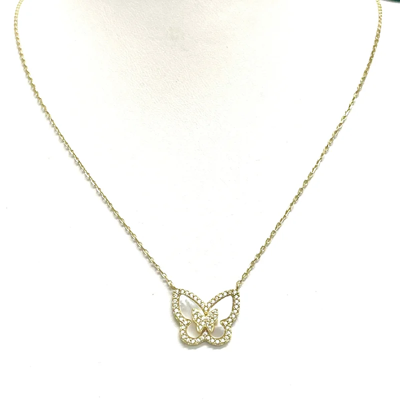 Double Mother of Pearl and CZ Butterfly Charm Necklace