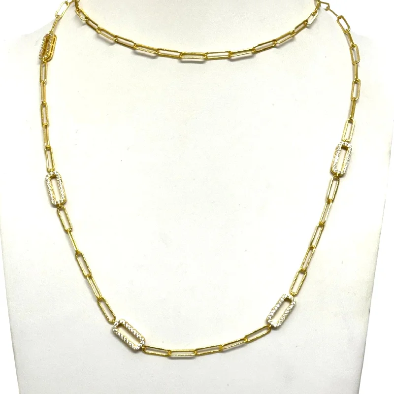 Gold Textured Paperclip Necklace With Pave Rectangles