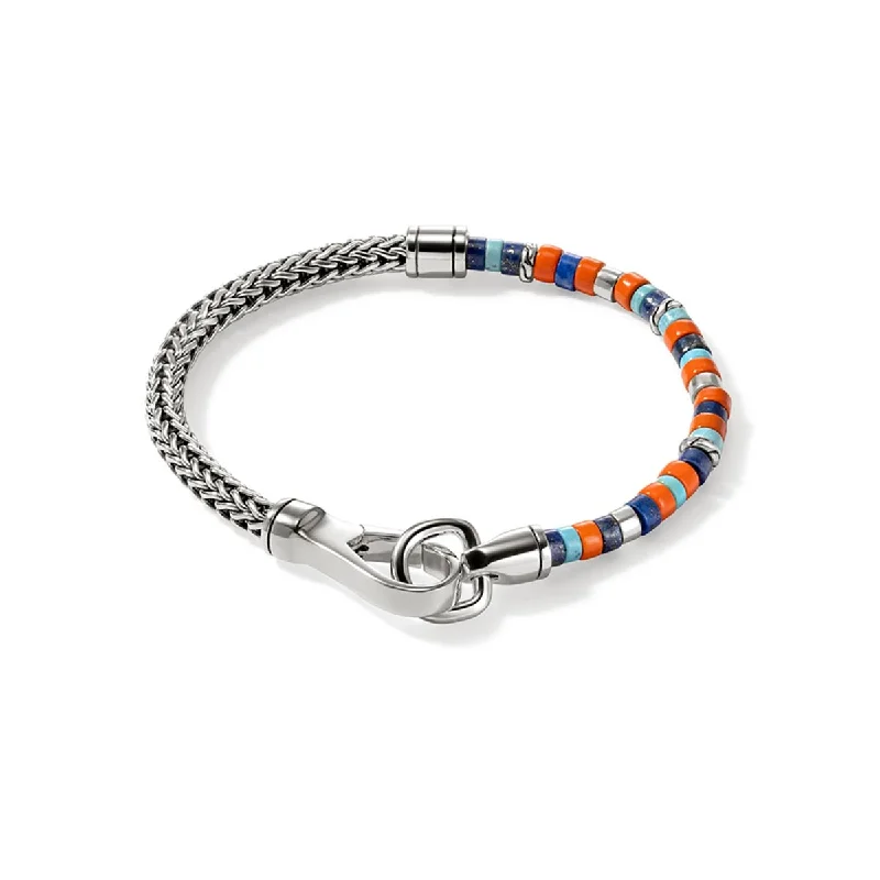 John Hardy Classic Chain Collection Heishi Turquoise and Lapis Lazuli Bead Bracelet in Sterling Silver with Orange Enamel