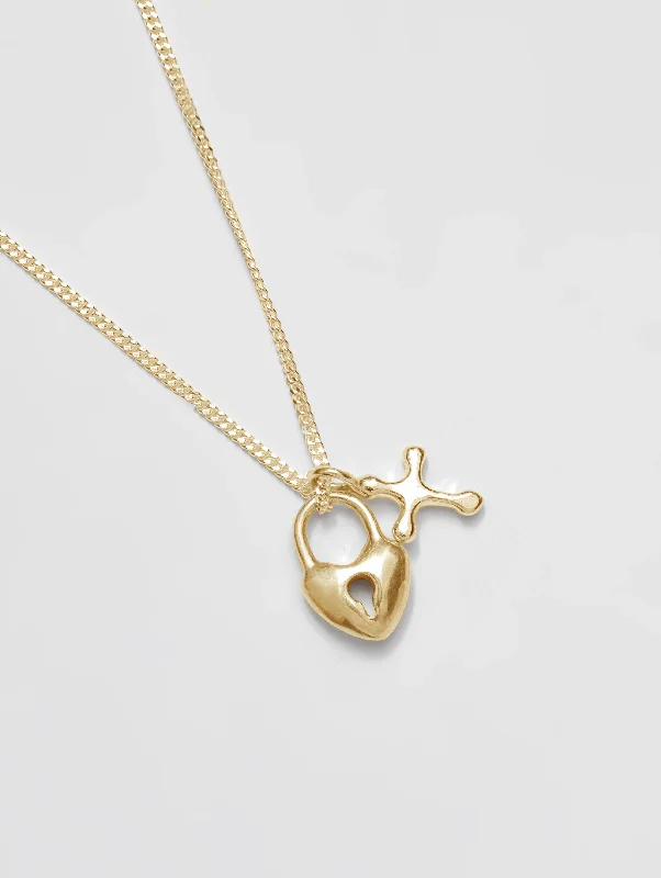 Mini Gold Heart Lock and Cross Charm Necklace