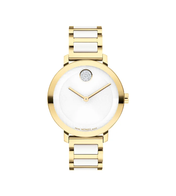 Movado Bold Evolution 2.0 Womens Watch with Gold Toned Stainless Steel and White Ceramic Bracelet (Swiss quartz movement)