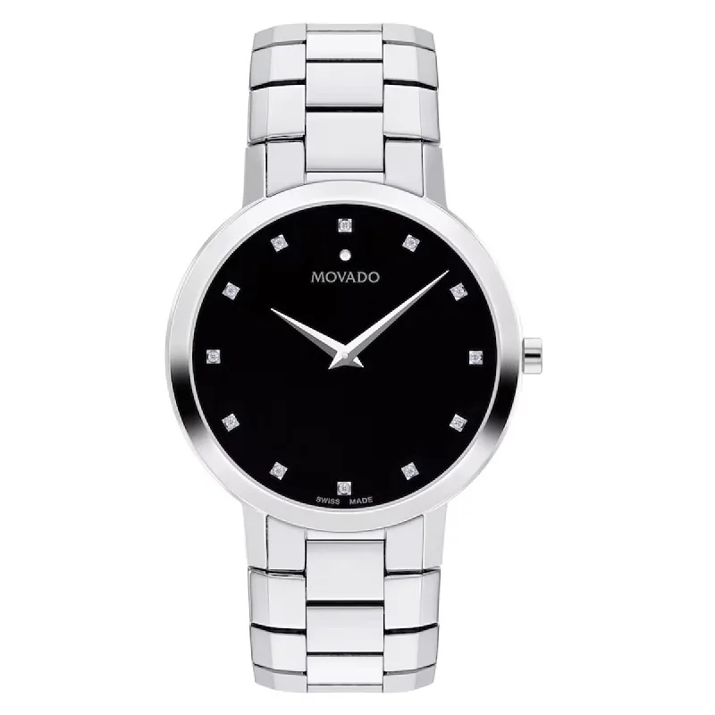 Movado Faceto Mens Watch with Black Dial and Stainless Steel Bracelet (Swiss quartz movement)