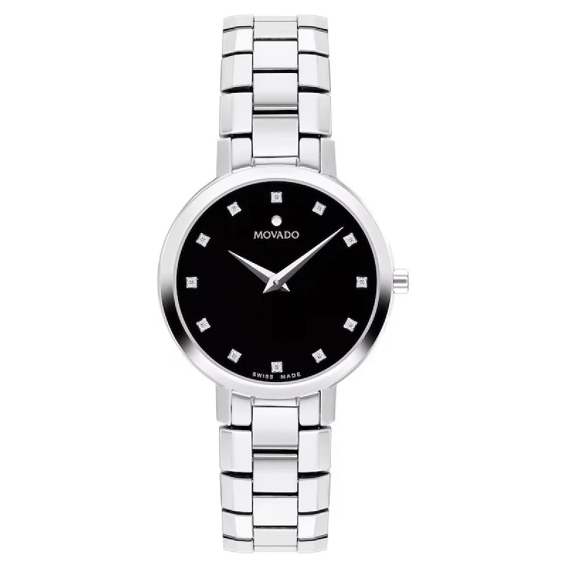 Movado Faceto Womens Watch with Black Dial and Stainless Steel Bracelet (quartz movement)