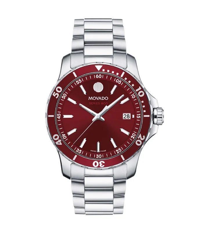 Movado Series 800 Mens Watch with Red Dial and Stainless Steel Bracelet (Swiss quartz movement)