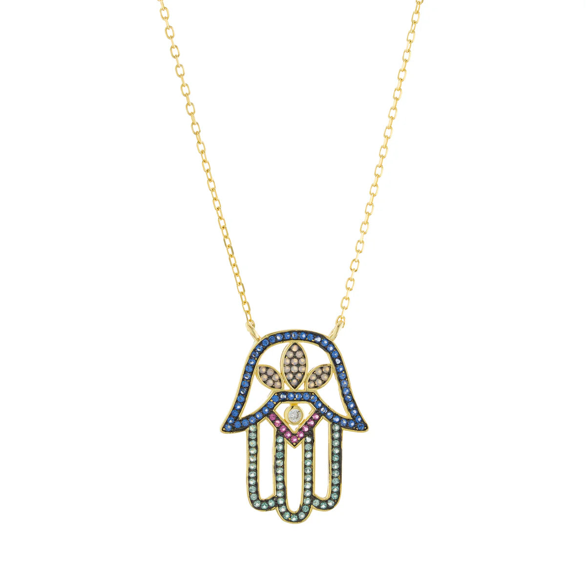 Multicolor CZ Hamsa Charm Necklace