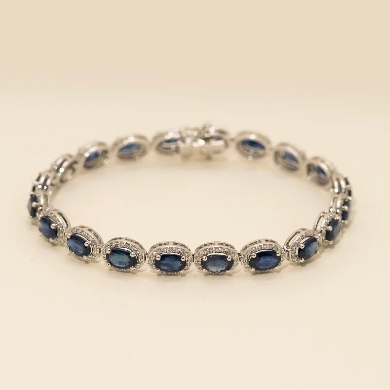 Oval Sapphire Halo Diamond Tennis Bracelet in 14kt White Gold (1 3/8ct tw)