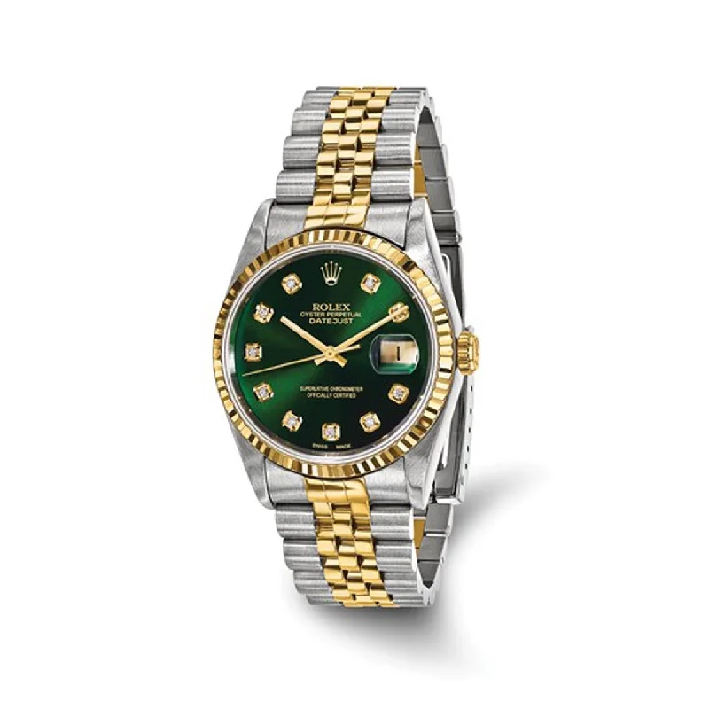 Pre Owned Rolex Oyster Perpetual Datejust with Green Diamond Dial and 18kt Yellow Fluted Bezel and Stainless Steel and 18kt Yellow Gold Jubilee Bracelet (automatic movement)