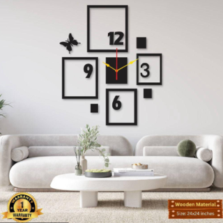 modern 4 frame wall clock wood laser cut design