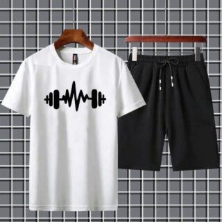 men jersey printed track suit white black shorts set